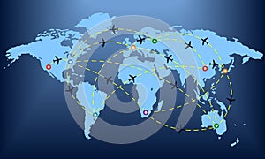 Plane routes over world map with markers or map pointers. Travel by airplane concept. Flight path. Vector illustration.